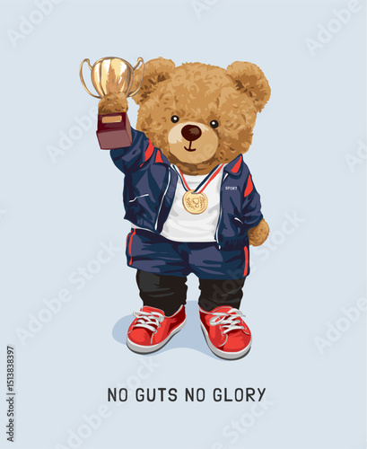 a cute teddy bear doll holding trophy and medal hand drawn illustration - not auto trace