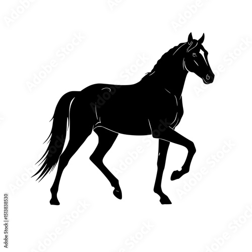 Black horse in profile trotting against a white background  