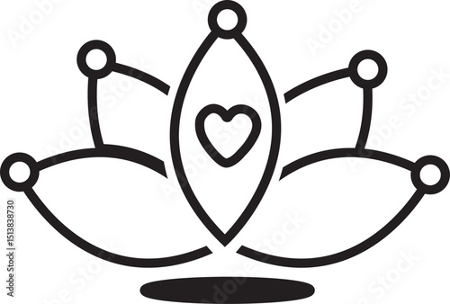 Simple lotus flower icon with a heart in the center and rounded connecting lines, symbolizing harmony.