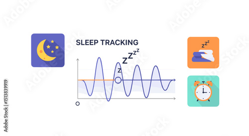 Sleep tracking illustration with moon stars alarm clock and sleep graph on a white background design