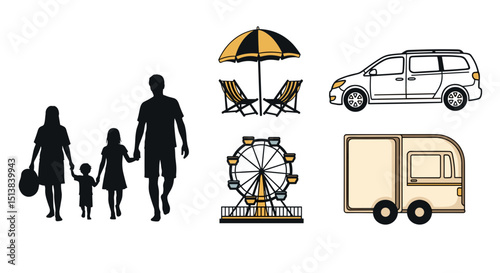 A collection of summer themed icons featuring a family, beach setup, van, ferris wheel and camper