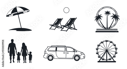 Black and white vector image showing beach umbrella, chairs, family, van and ferris wheels icons
