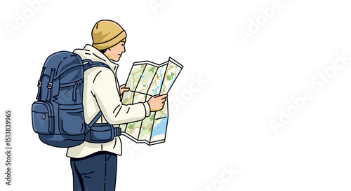 A man wearing a beanie and backpack looking at a map to navigate on a white isolated background image