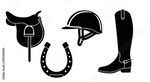 Illustration of equestrian equipment including a saddle helmet horseshoe and riding boot in black