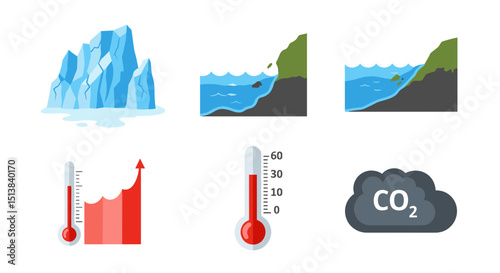 Illustrations depicting the effects of global warming including melting ice and rising sea levels and temperature