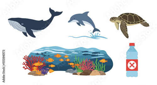 Ocean wildlife with whale dolphin turtle coral reef and plastic bottle showing pollution concept image