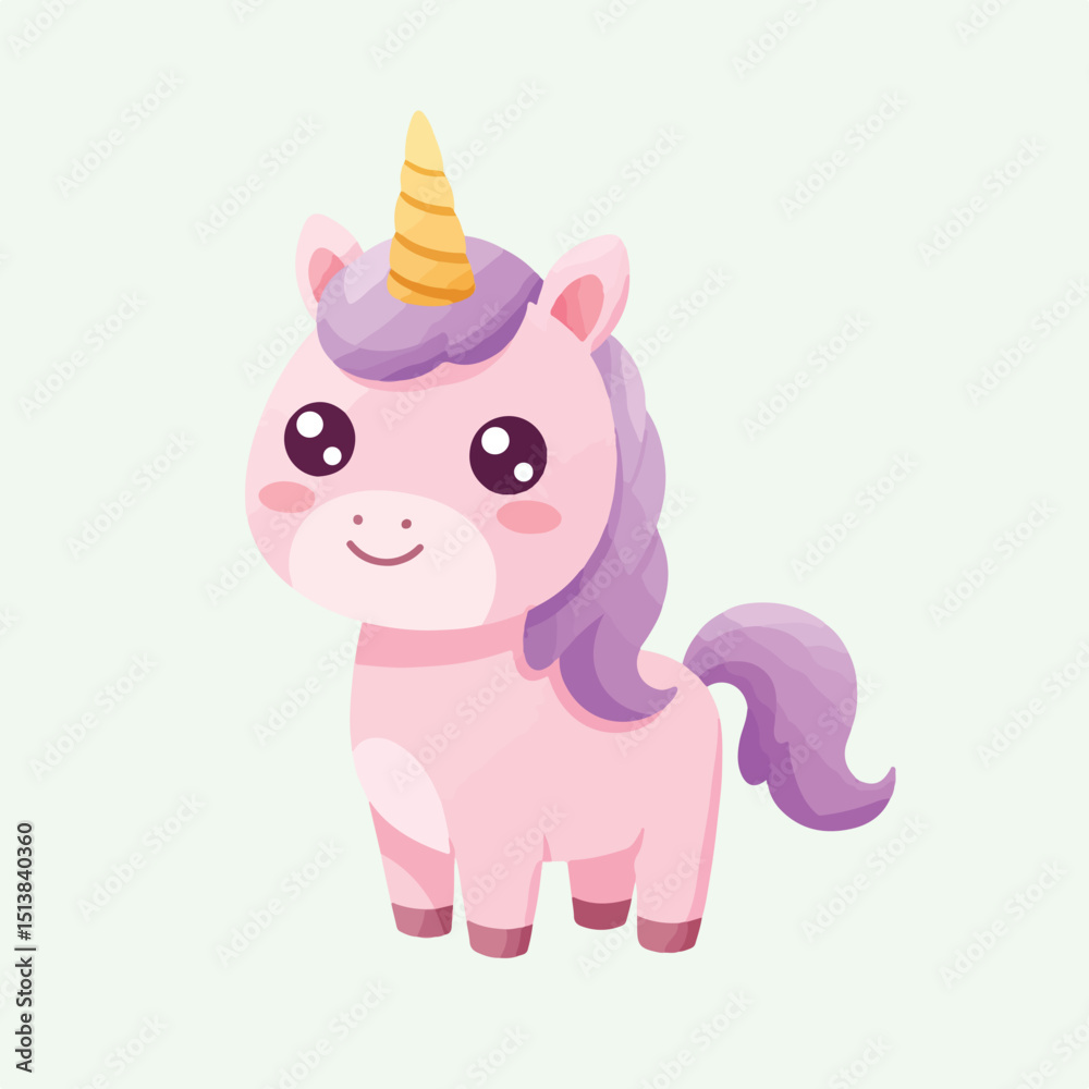 Naklejka premium An adorable, cartoon unicorn with pink fur, a purple mane, and a golden horn is centered on a soft green background.