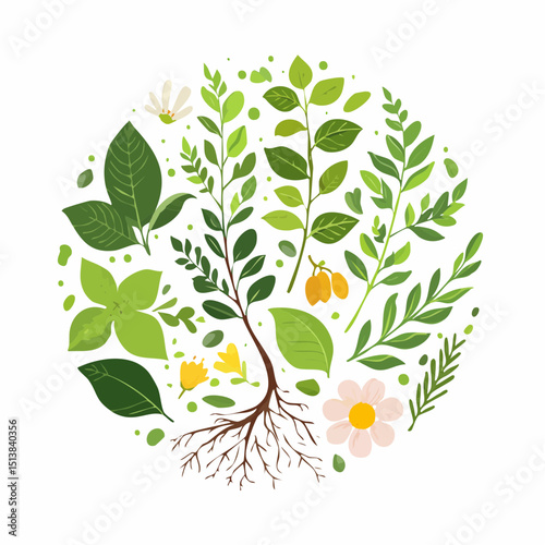 Hand-Drawn Firefly Illustration Herbal Elements, Leaves, Flowers, Roots