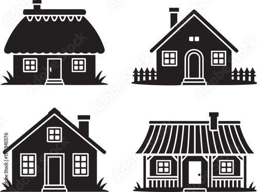 Collection of simple black and white village house silhouettes. different rural styles: thatched roof huts, small clay houses, wooden cabins, and tin roof homes