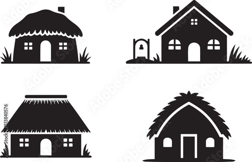 Collection of simple black and white village house silhouettes. different rural styles: thatched roof huts, small clay houses, wooden cabins, and tin roof homes