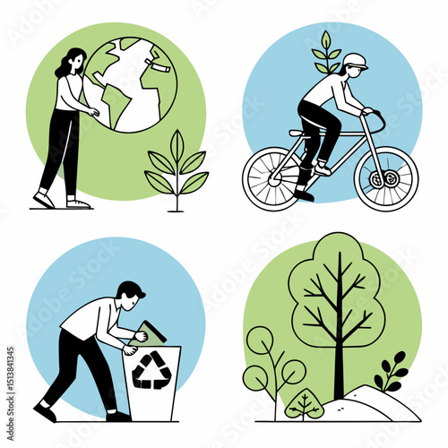 "Minimalist Eco-Friendly Icon Set – Sustainability, Recycling, Green Energy, and Climate Action Symbols"