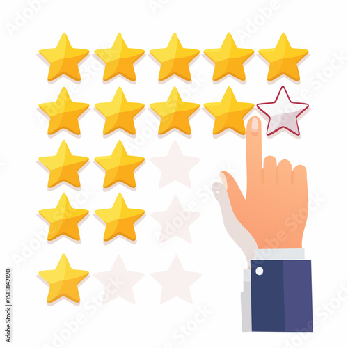 Star Rating Icon: Illustrating a customer's rating with a hand selecting a star and creating a perfect graphic for reviews, feedback, and quality assessment. 