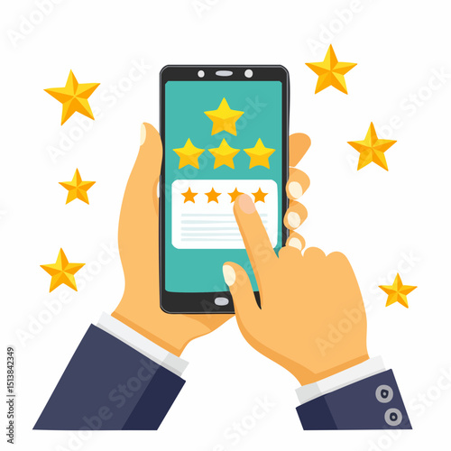 Digital Impression: A hand holds a smartphone displaying glowing gold stars, representing a user's feedback with a five-star rating for service quality.