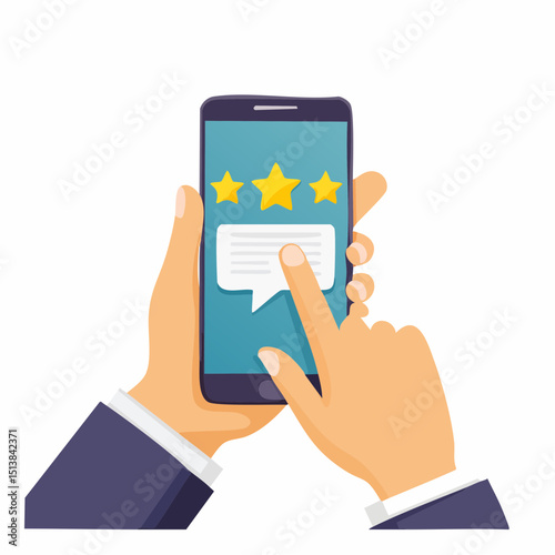 Customer Review Feedback: A person interacting with a smartphone, tapping on a screen displaying customer reviews, the image is a visual representation of feedback and satisfaction.