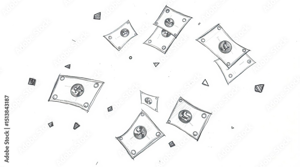Fototapeta premium A sketched illustration of multiple bills with a stylized currency symbol floating in the air, scattered randomly against a white background