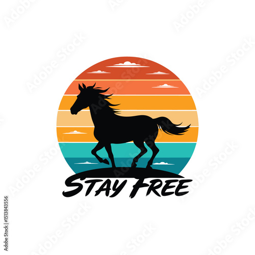 Stay Free Vintage Sunset Silhouette of a Running Horse