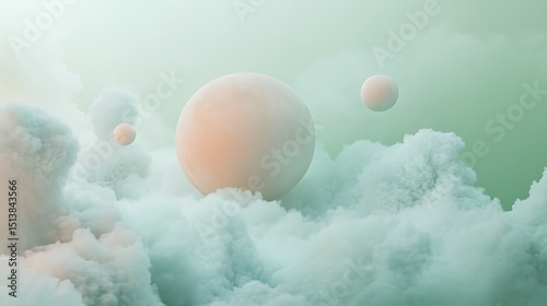 Dreamy Abstract Spheres Floating in Misty Clouds, Serene Pastel Color Palette Creates Peaceful Artistic Scene.
