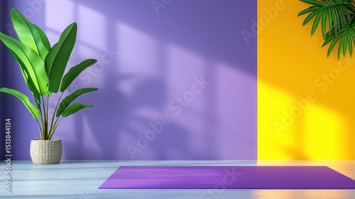 Purple yoga mat on light wooden floor against a vibrant purple and yellow wall with tropical plants. Sunlight streams through a window, casting shadows. Minimalist and peaceful.