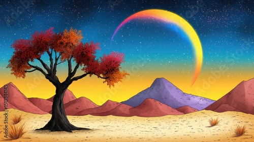 Pixel Art Desert Landscape Autumn Tree, Rainbow Arc, and Starry Night photo