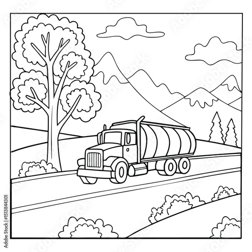 Tanker Truck on Mountain Road – Black and White Coloring Page Illustration

