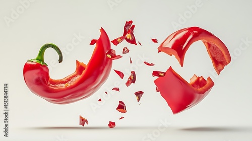 Exploding Red Pepper Still Life: Vivid Visual of Bursting Freshness, Artistic Food Composition, Kitchen Ingredient Art.