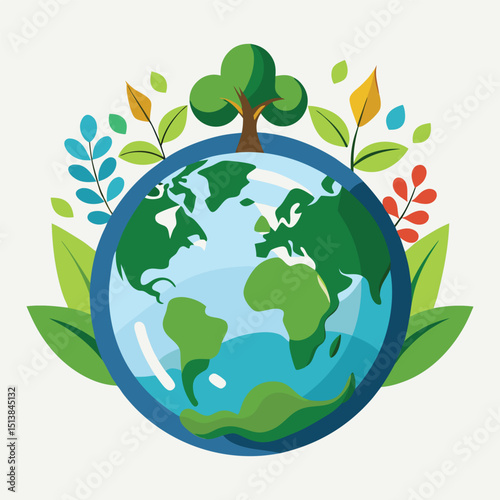 Green earth globe with leaves symbolizing environmental conservation and nature ecology