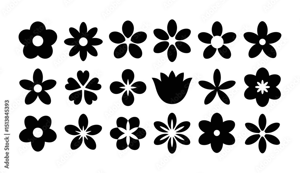 Fototapeta premium Floral Silhouette Vector set, Simple Flower Designs on White Background