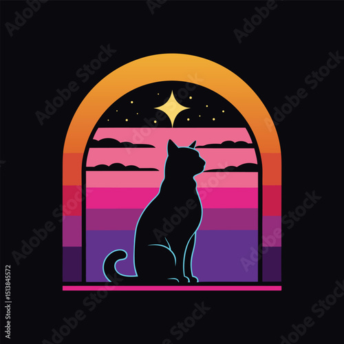 Retro Sunset Cat Silhouette A Nighttime Dream Illustration