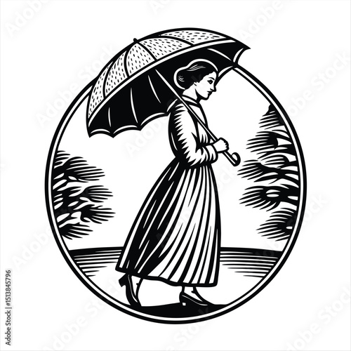 Elegant Woman with Umbrella in Woodcut Style Circle Frame