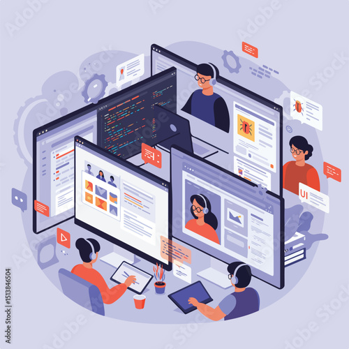 An illustration of software developers working collaboratively at various computer screens.