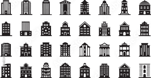 Collection of building icons for design projects a single high quality icon set featuring diverse architectural styles