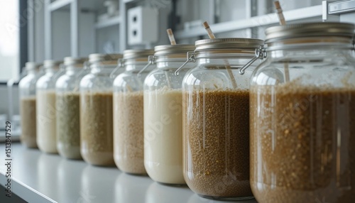 Glass Jars with Grain Fermentation Food Production Brewing Process