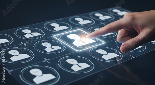 A finger selects a highlighted profile from a digital grid of candidate profiles, symbolizing the precision and efficiency of modern recruitment processes.