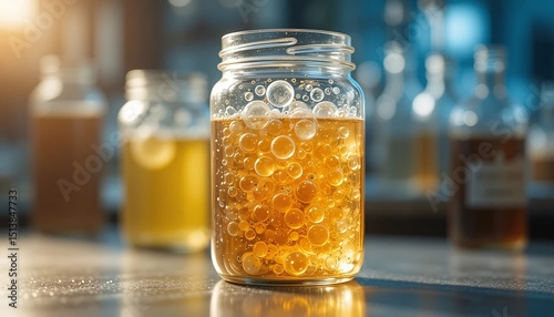 Golden Liquid Bubbles in Glass Jar Science Lab Research Experiment Chemistry Bubbles Close up Macro