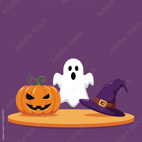 A Halloween scene features a pumpkin, ghost, and witch hat on an orange stand against purple.