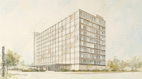 Modern Architecture Building Watercolor Illustration with Windows, Trees, and Exterior Design Showcase.