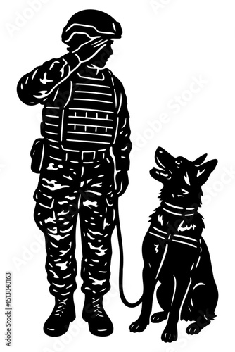 Silhouette of a saluting soldier in uniform standing beside a sitting service dog on a leash.