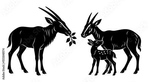 Saola Family, Stylized black and white silhouette of a rare saola family: a male eating leaves, a female, and a calf standing together in a peaceful scene.