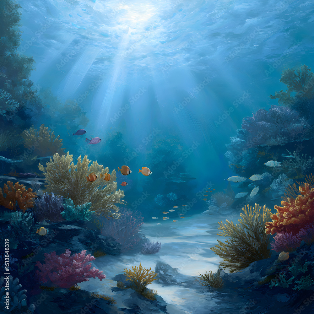 Obraz premium Underwater scene with coral reefs and sunlight filtering through the water surface creating a bright glow