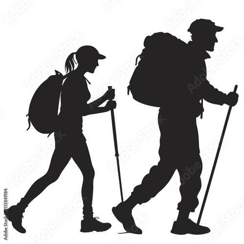 Silhouette of a man and woman hiking with backpacks and trekking poles on a white background