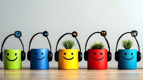 Five colorful potted plants with happy faces and headphones, symbolizing cheerful listening or podcasting.  They sit in a row on a light wood surface against a neutral backdrop