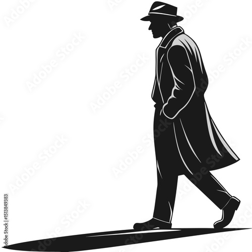 Silhouette of a man walking with a hat and coat casting a shadow on a white background image