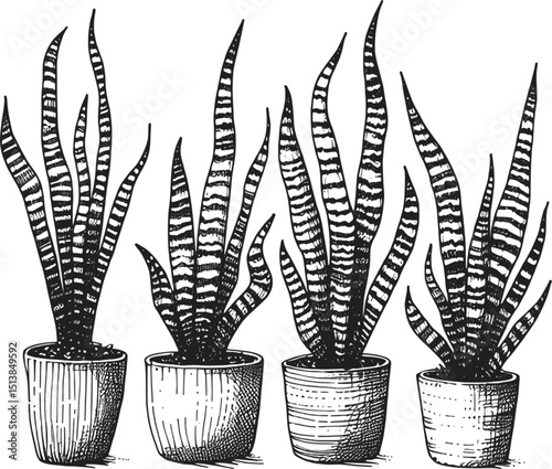 Botanical Lines A Potted Study Snake Plant linework ink sketch hand drawn pen drawing vector illustration background