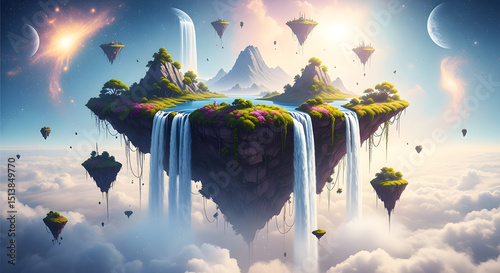 A surreal floating island with waterfalls cascading into the sky, dreamlike fantasy landscape, digital painting style