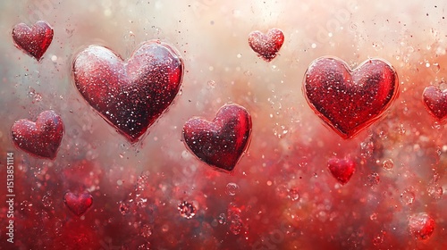 Sparkling Red Heart Shapes on a Light Background with Bubbles, Glittering, and Romantic Feeling, Perfect for any Creative Project.
