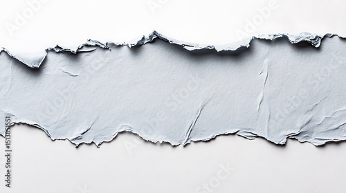 Textured Light Blue Paper Rip Against White Background, Grunge Surface with Torn Edges for Design and Artistic Concepts.