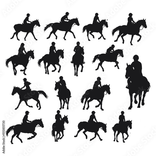 Collection of equestrian vector icons: horse and rider silhouettes performing various activities. Ideal for sports, adventure, and animal-related designs