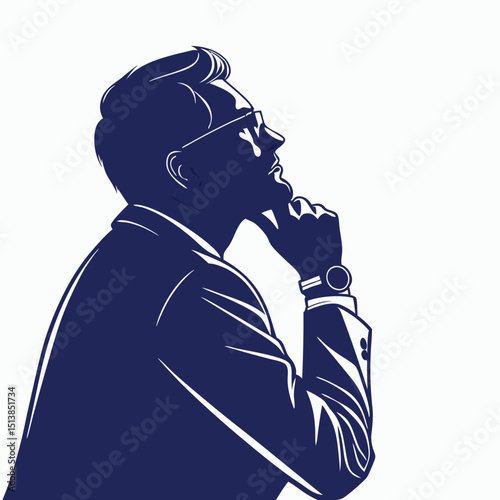 Silhouette of a man in a suit with glasses contemplating with hand on chin looking upward right