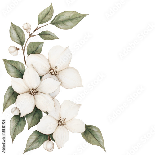 Beautiful arrangement of white flowers with green leaves and delicate buds, creating serene and elegant floral design. This artwork evokes sense of tranquility and natural beauty