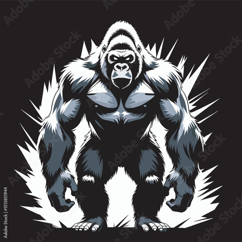 Powerful vector  illustration of a silverback gorilla in a bold, strong stance with explosive white energy radiating outwards on a dark background. Ideal for sports, gaming, and strength themes.